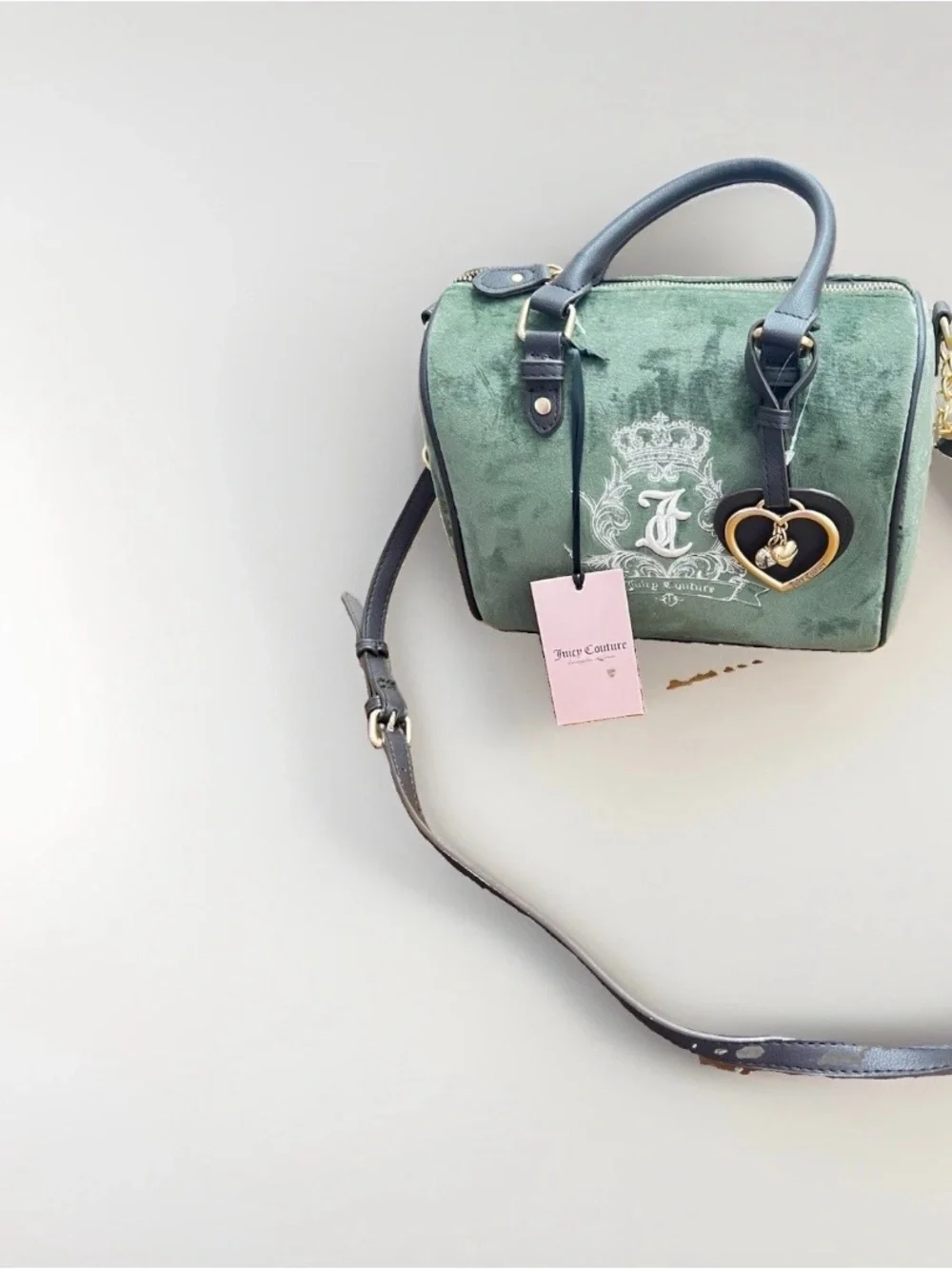 Juicy Couture Green Velvet Satchel with Navy Trim & Heart Charm